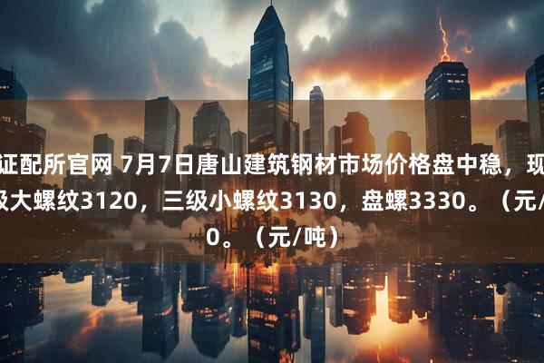 证配所官网 7月7日唐山建筑钢材市场价格盘中稳，现三级大螺纹3120，三级小螺纹3130，盘螺3330。（元/吨）